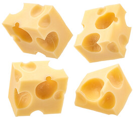 Swiss cheese cubes isolated on white background