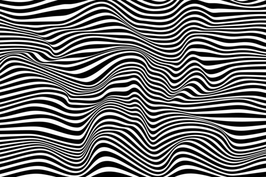 Abstract striped sea illustration. Digital optical illusion design. Trendy black and white wave background