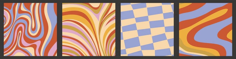 Psychedelic swirl, checkerboard groovy backround set. Psychedelic hippy retro wave wallpaper. Liquid groovy background. Vector design illustration.