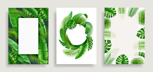 Set posters with tropical 3D realistic leaves, frames design elements. Vector borders with spare place for text, floral jungle foliage of exotic green palm trees, Hawaii or Brazil beautiful branches © Sensvector