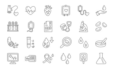Medical blood doodle illustration including icons - plasma transfusion, sphygmomanometer, glucometer, vein, cardiology, microscope, laboratory tube. Thin line art about hematology. Editable Stroke