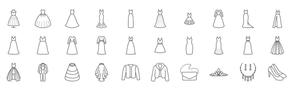Wedding dress doodle illustration including icons - elegant evening gown, groom suit, marriage atelier, plus size fur coat, jacket, crinoline. Thin line art about bridal clothes. Editable Stroke