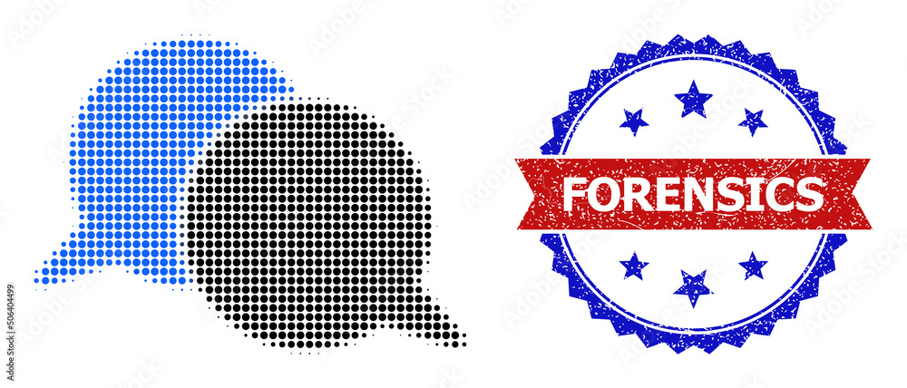 Poster halftone talking messages icon, and bicolor rubber forensics watermark. halftone talking messages ic