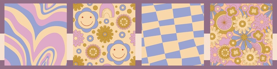 Groovy y2k retro background with flower, checkerboard and swirl 70s background. Daisy flower design. Abstract trendy colorful print. Vector illustration graphic. Vintage print. Psychedelic wallpaper