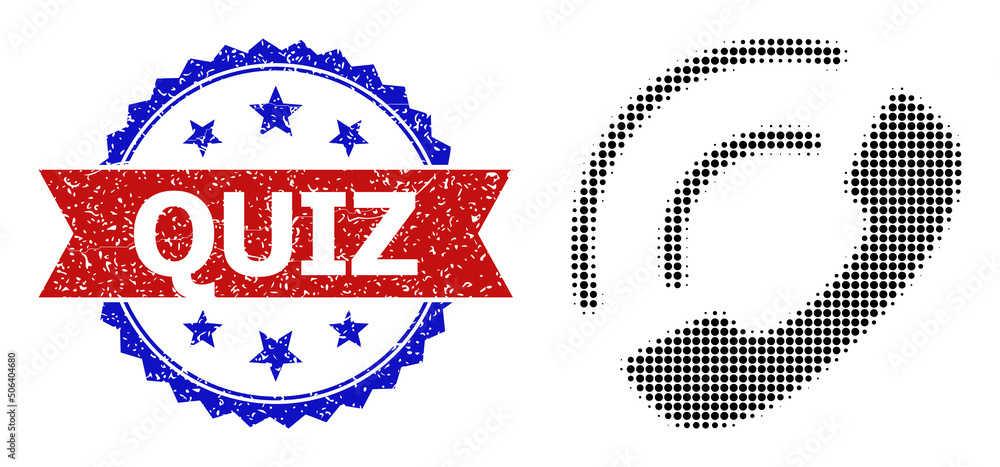 Poster halftone phone sound icon, and bicolor rubber quiz seal stamp. halftone phone sound icon is generate
