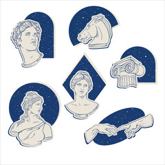 Greek Antique statue, ancient sculpture art sticker set. Vector Gold Stars galaxy surrealism. Head, hand, horse, column