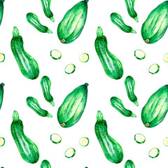 Green squashes watercolor illustration seamless pattern isolated