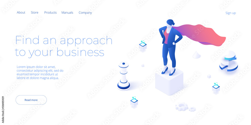 Wall mural business strength potential in isometric vector design concept. powerful businesswoman striving and 