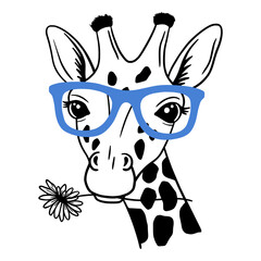 Cute Giraffe with glasses and flower daisy Line Art. Floral Giraffe sketch vector illustration. Good for posters, t shirts, postcards.