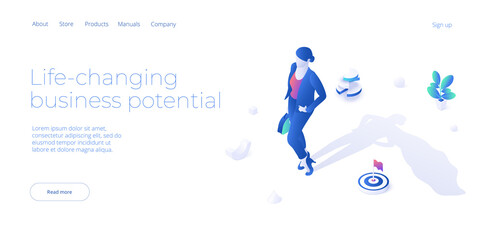 Business strength potential in isometric vector design concept. Powerful leader businesswoman achieving corporate goal. Superhero motivation web banner layout