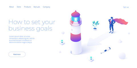 Business vision and mission vector illustration in isometric design. Strategy and corporate goal concept with lighthouse and running female. Web banner layout.