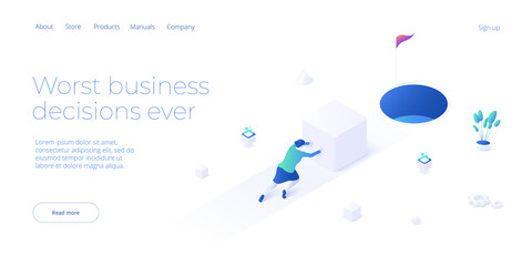 Making bad business decision. Vector illustration in isometric design. Mismatch strategy and corporate goal concept with strong businesswoman pushing load. Web banner layout. - obrazy, fototapety, plakaty