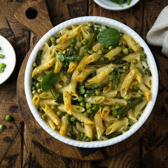 Homemade pasta bake with green pea