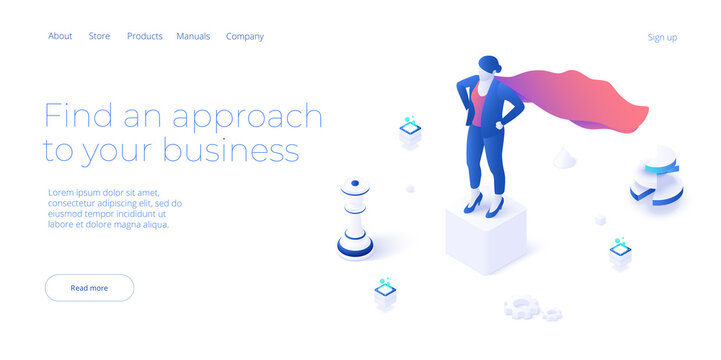Business strength potential in isometric vector design concept. Powerful businesswoman striving and achieving corporate goal. Superhero motivation web banner layout