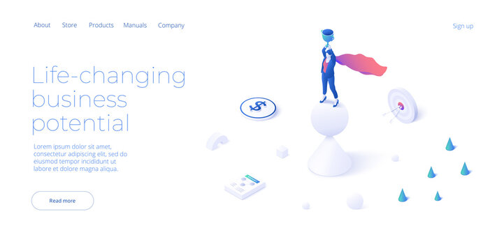 Business weight potential in isometric vector design concept. Powerful businesswoman striving and achieving corporate goal. Motivation web banner layout