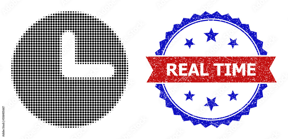 Poster halftone time icon, and bicolor grunge real time seal stamp. halftone time icon is designed with sma