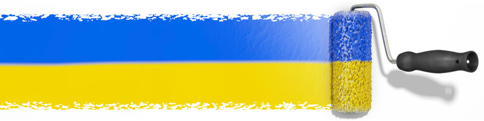 Farbroller malt Ukraine Flagge an die die Wand - obrazy, fototapety, plakaty