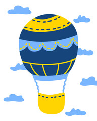 Air balloon, Cartoon style. Yellow and blue colors. With sign Under the sky. Vector illustration