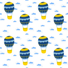 Childish seamless pattern with hand drawn blue air balloon and sign Under the sky. In blue colors. Perfect for kids apparel,fabric, textile, nursery decoration,wrapping paper.