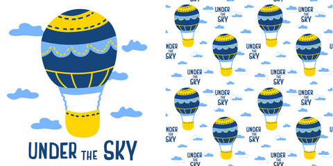 Air ballonin cartoon style with sign Under the sky isolated on white background. And Childish seamless pattern. Vector