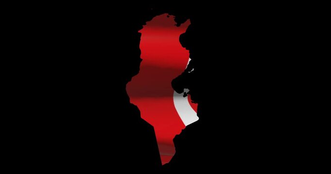 Tunisia national flag on map outline, waving animation. 4K alpha channel graphic footage of country shape