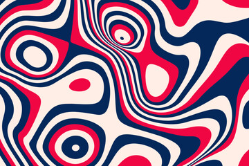 Red and dark blue abstract stains texture design. Modern optical illusion art. Fluidly striped spots background for poster, flyer, fabric print, and presentation - obrazy, fototapety, plakaty