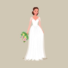 Fototapeta na wymiar The bride in an evening dress with a bouquet in her hands. Vector illustration in flat cartoon style.