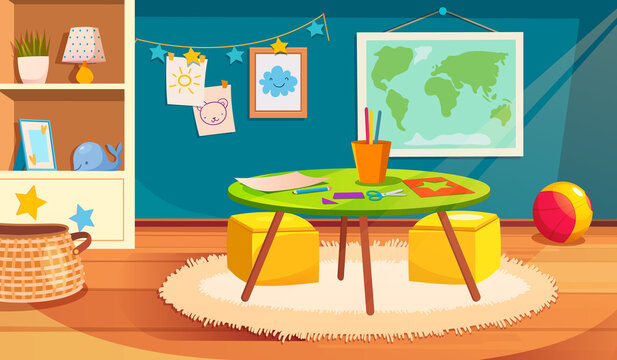 Cozy children's room with furniture and kid toys. Child room for playing, activity and learning, vector illustration