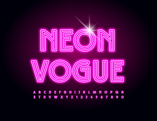 Vector electric emblem Neon Vogue. Light tube Font. Maze style Alphabet Letters and Numbers set