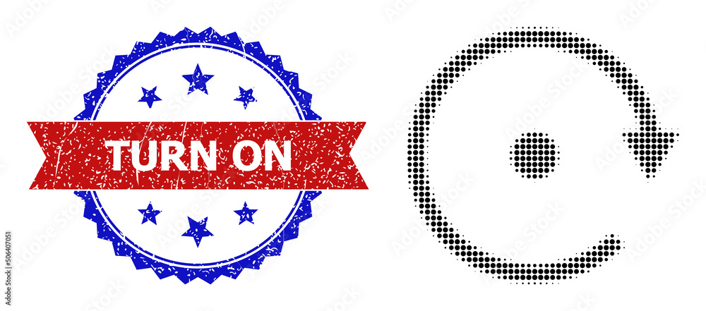 Poster halftone rotate right icon, and bicolor dirty turn on watermark. halftone rotate right icon is made 