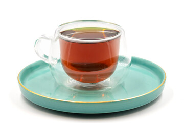 Black tea on a white background. Turkish tea brewed with hot water. close up