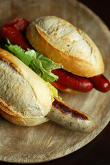 German bratwurst sausages in buns.