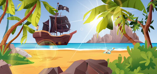 Pirate ship near the island. Palm trees, stones, sea or ocean, bushes and rocks. Cartoon vector illustration for 2d game.