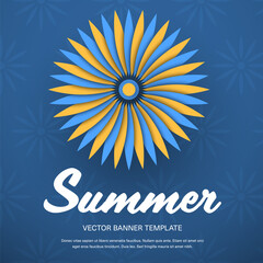Vector banner template with a yellow-blue flower in the center, the inscription 