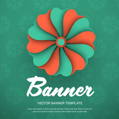 Vector banner template with green, orange flower, postcard with design isolated on background with pattern.