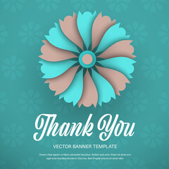 Vector banner template with lush flower, thank you lettering, isolated on turquoise background with pattern.
