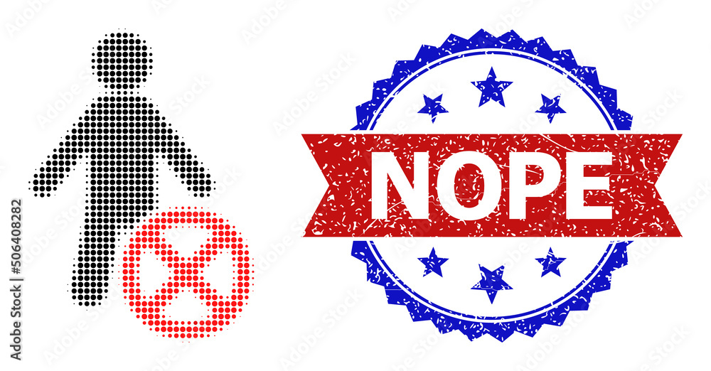 Poster halftone reject man icon, and bicolor textured nope seal stamp. halftone reject man icon is construc