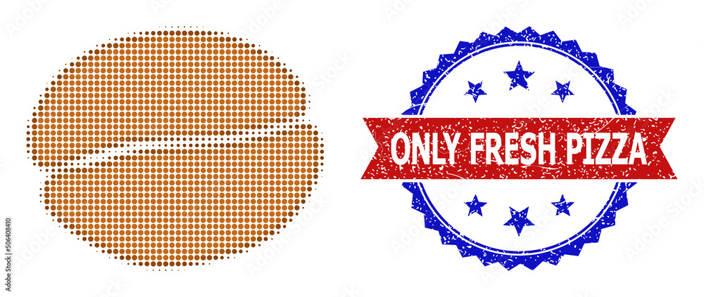 Poster halftone coffee bean icon, and bicolor unclean only fresh pizza seal. halftone coffee bean icon is d