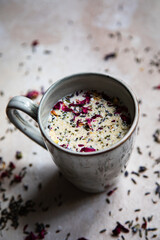 Moon milk with flowers and hemp seeds