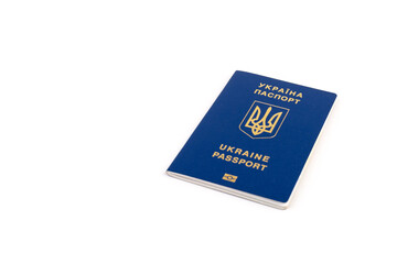 Ukrainian passport with a golden trident symbol on white background. Biometric Ukraine passport id empty place for photo or text.