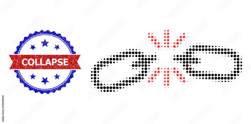Poster halftone chain fail icon, and bicolor textured collapse watermark. halftone chain fail icon is gener
