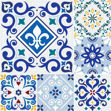 Azulejo tiles seamless vector pattern set - different tile size, traditional design collection inspired by Portuguese and Spanish ornaments
