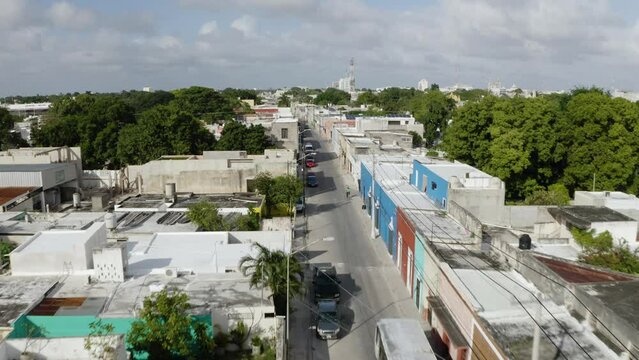 Aerial descent showing the Casa Museo Quinta Montes Molina on the Paseo Montejo in Merida, Yucatan, Mexico.