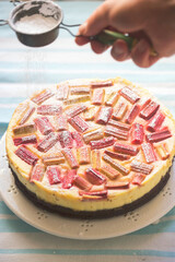 Cheesecake brownie with rhubarb and powder sugar  - 506409096