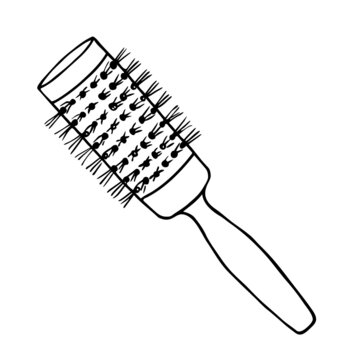 recommend clip art: Round hair brush for hot curling isolated on white. Barber comb outline doodle sketch. Vector icon of professional hairdresser tool for hairdressing salon or barbershop concept.