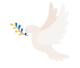 Dove with branch in colors of Ukrainian flag. Symbol of peace. Stop war in Ukraine. Vector flat illustration 