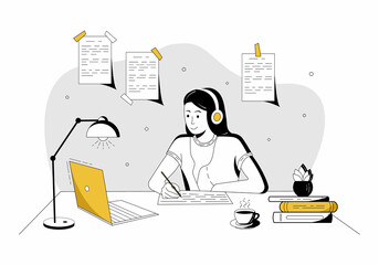 Online education. Girl study online at computer. Vector illustration for landing page and web templates.