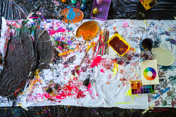 Fototapeta premium Various colors on a white background from children's coloring, children's art full of imagination. art from young children