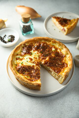 Traditional homemade French quiche with onion and bacon
