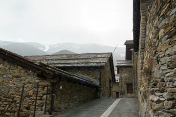 Pal, La Massana, Andorra. April 2022. Beautiful high mountain town. On a cold, snowy day in early spring.